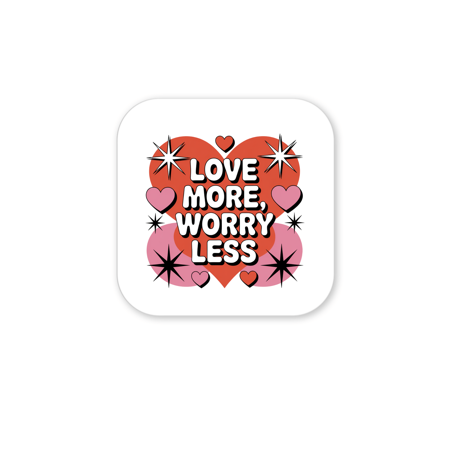 The Love More Worry Less Magnet by Mirabilia Boutique features bold white text, red and pink hearts, and black starbursts—a cute retro Valentine fridge decor to add charm to your space.
