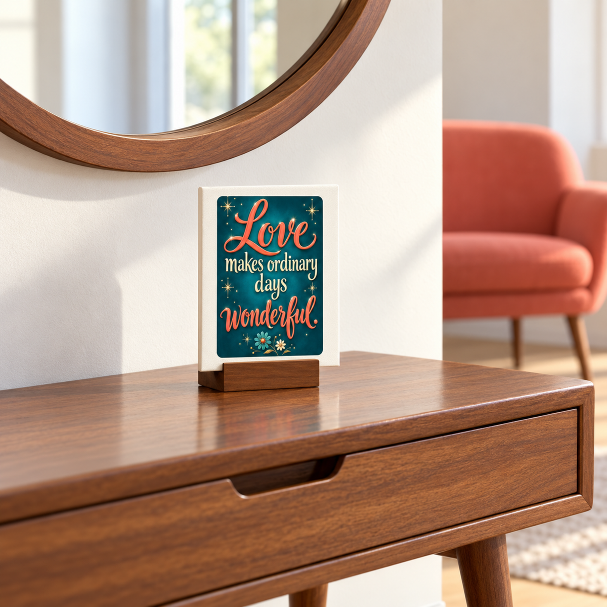 Love Makes Ordinary Days Wonderful Mini Canvas Sign on a wooden stand, serving as inspirational desk decor.