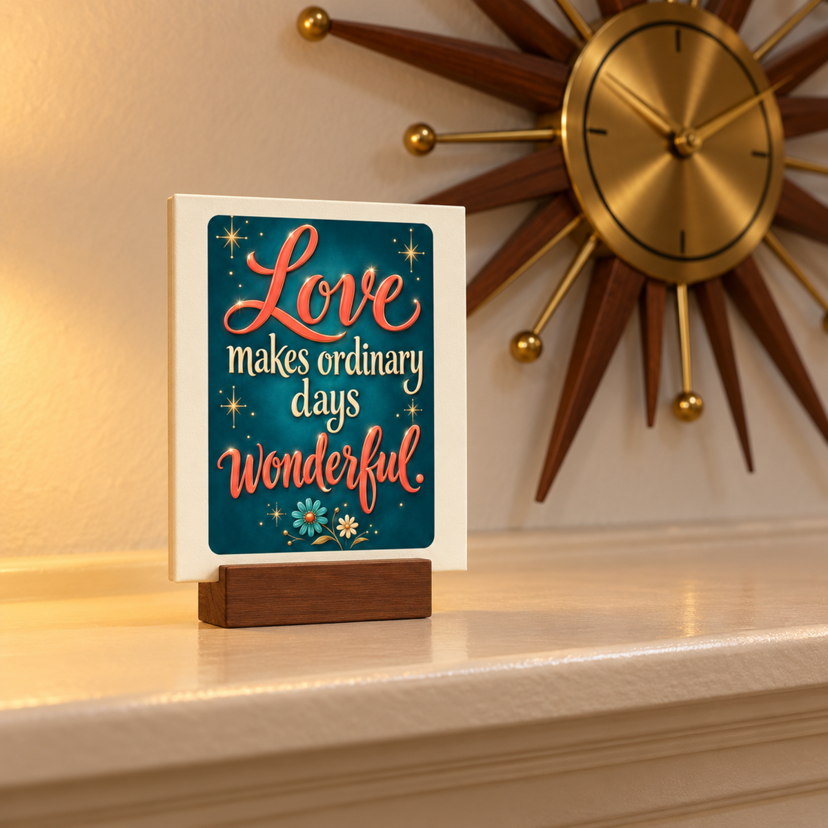 Love Makes Ordinary Days Wonderful Mini Canvas Sign on a wooden stand, decorated with stars and flowers for inspirational desk decor.
