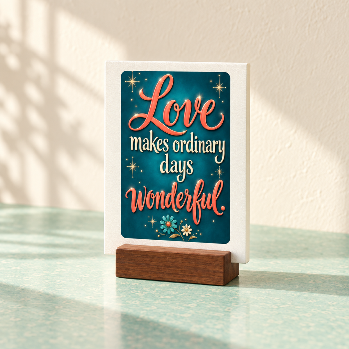 The Love Makes Ordinary Days Wonderful Mini Canvas Sign features an inspirational quote in coral script on a teal background with star and flower icons, displayed on a wood block stand.