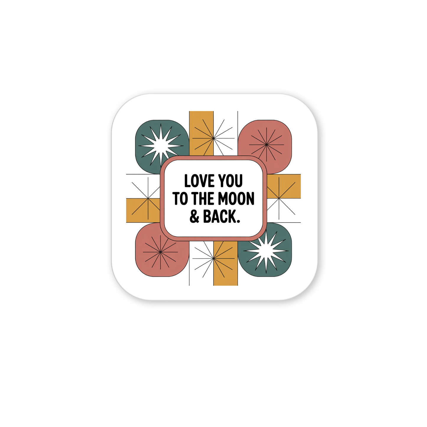 The Mirabilia Boutique Retro Love Magnet features a bold "LOVE YOU TO THE MOON & BACK" message with a geometric green, mustard, and coral pattern—perfect as a vintage-inspired fridge magnet for kitchen décor or gifting.