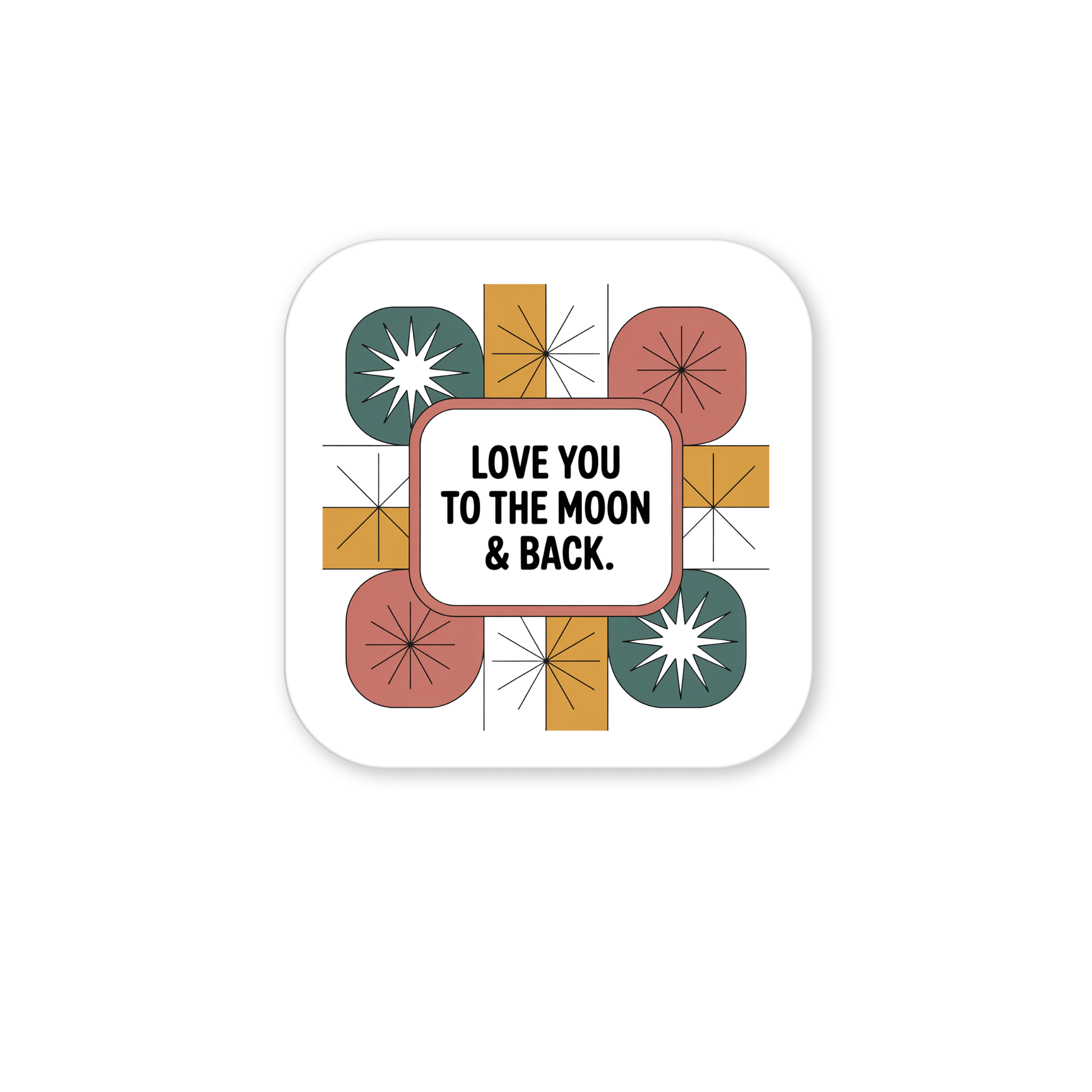 The Mirabilia Boutique Retro Love Magnet features a bold "LOVE YOU TO THE MOON & BACK" message with a geometric green, mustard, and coral pattern—perfect as a vintage-inspired fridge magnet for kitchen décor or gifting.