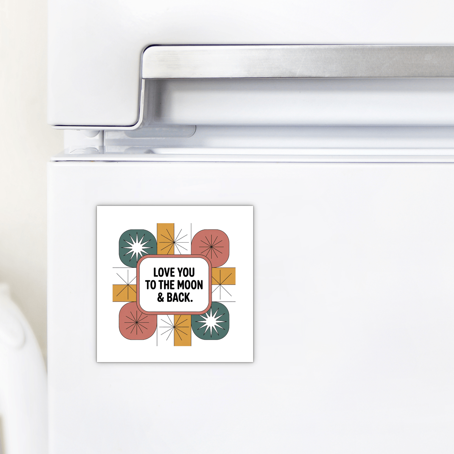 The Retro Love Magnet by Mirabilia Boutique features a geometric design in green, mustard yellow, and pink with "LOVE YOU TO THE MOON & BACK"—a charming magnetic keepsake and thoughtful gift.