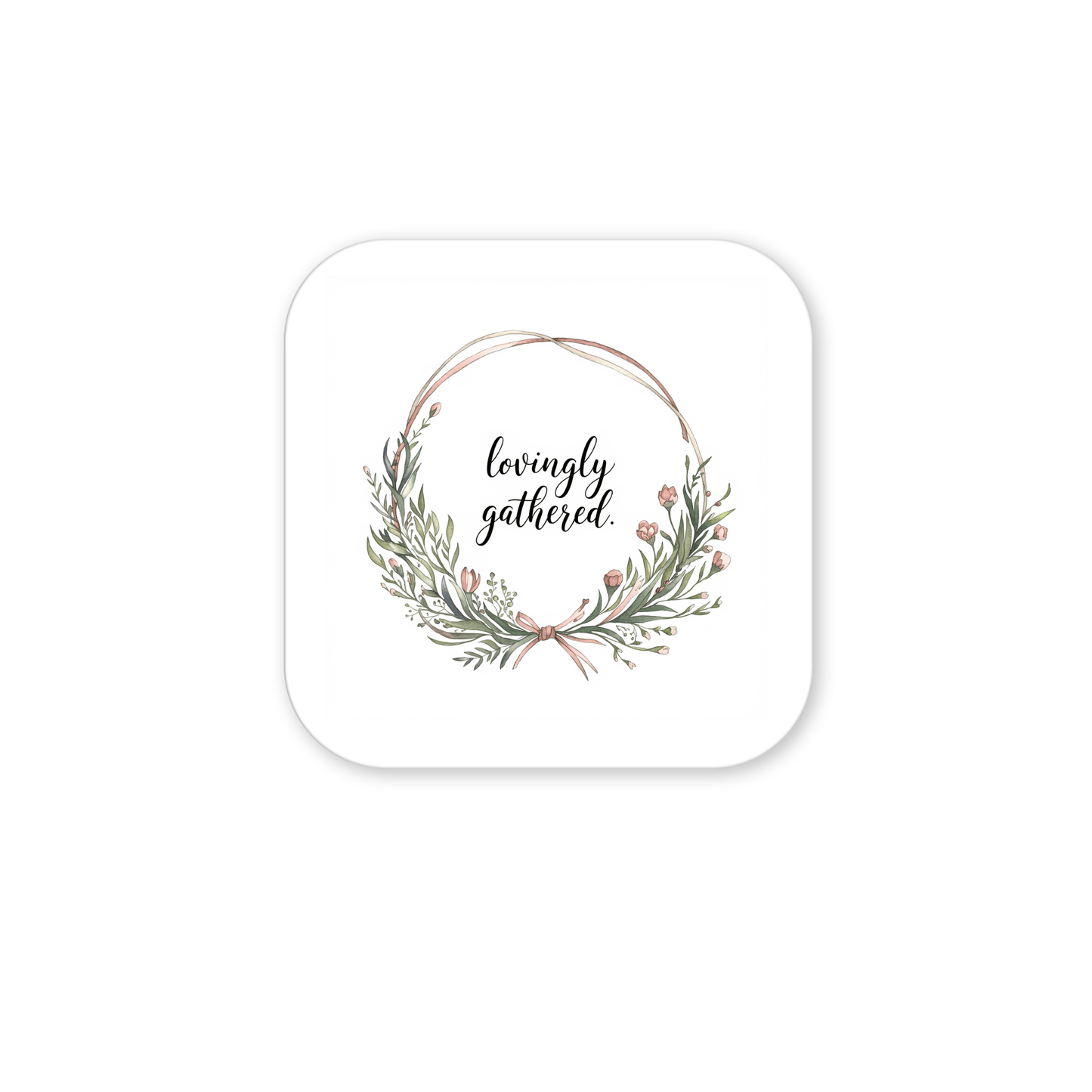 The Lovingly Gathered Magnet – Floral Wreath Quote for Fridge by Mirabilia Boutique features green leaves and pink flowers encircling “lovingly gathered” in script, making it a charming farmhouse decor accent for your kitchen.