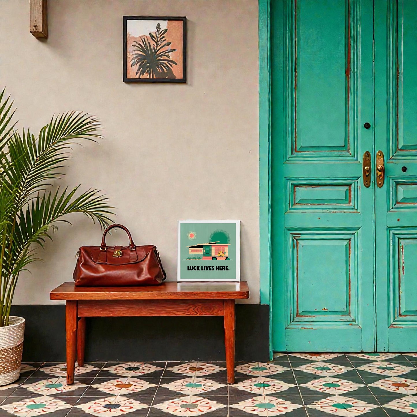 A teal door beside a wooden bench with a brown leather bag, potted plant, and the Mirabilia Boutique "Luck Lives Here Canvas Sign – Midcentury Home Art" enhances charm. Patterned tile floor and retro wall art complete the scene.