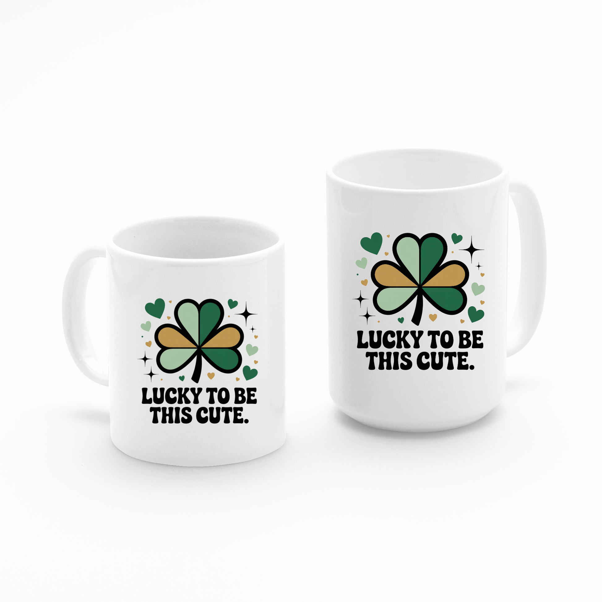 The Mirabilia Boutique Lucky to Be This Cute Shamrock Mug features a white mug with green and black shamrocks, hearts, sparkles, and the phrase “Lucky to be this cute”—ideal for self-love or as a thoughtful gift.