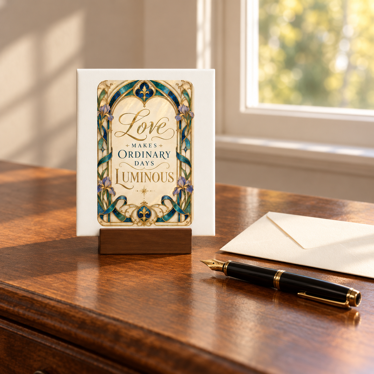 A Mirabilia Boutique “Love Makes Ordinary Days Luminous” Mini Sign from the Gilded Reverie collection rests on a wooden stand atop a desk. Designed with Art Nouveau-inspired elegance, it is accompanied by a fountain pen and an envelope, with soft sunlight streaming in through the window behind.