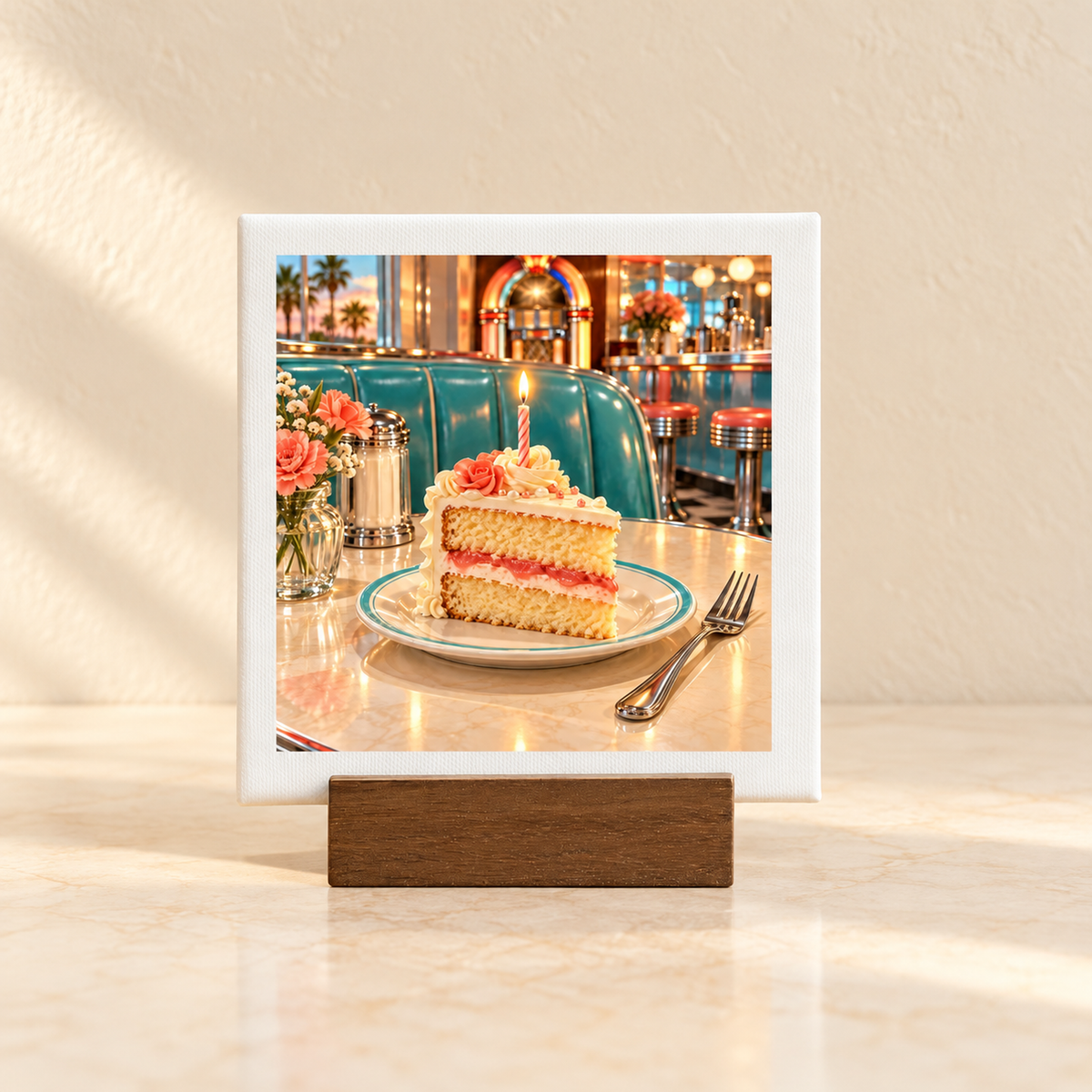 Make a Wish at the Bluebird Birthday Mini Sign displayed on a wooden stand, featuring a slice of cake with a lit candle on a plate in a retro-style diner.
