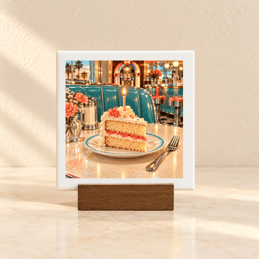 Make a Wish at the Bluebird Birthday Mini Sign displayed on a wooden stand, featuring a slice of cake with a lit candle on a plate in a retro-style diner.
