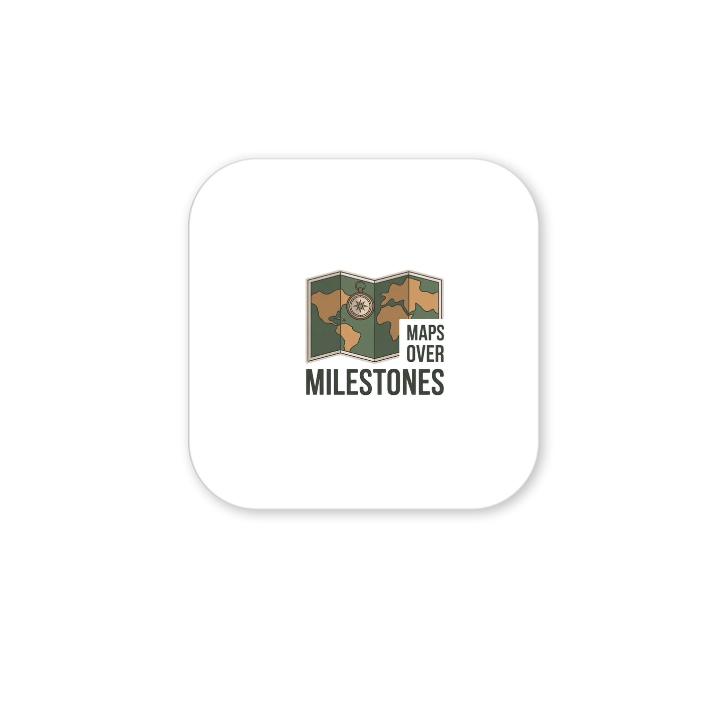 The Mirabilia Boutique Maps Over Milestones Travel Magnet features a graphic of an unfolded map with a compass and bold text, centered on a white rounded square—an adventure-inspired décor piece and perfect gift for explorers.
