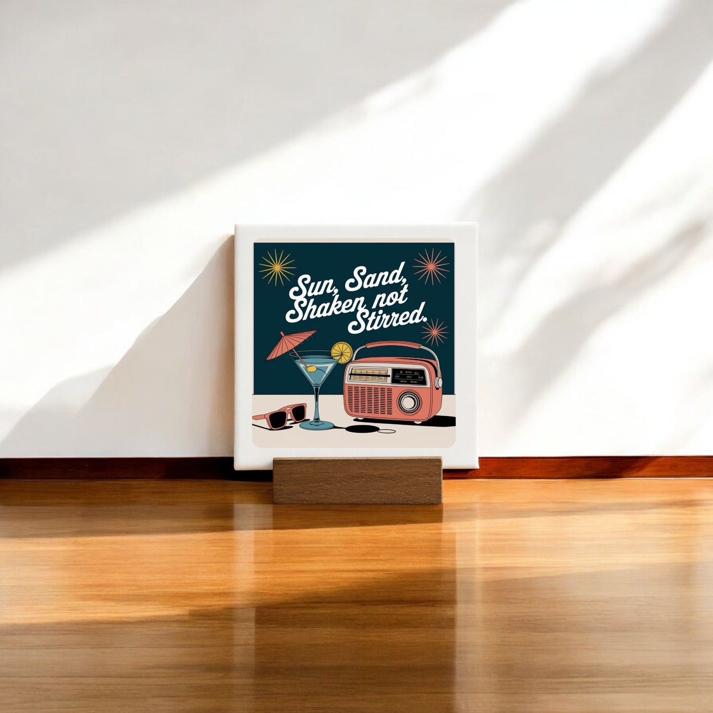 The Mirabilia Boutique MCM Sun, Sand, Shaken Not Stirred 4x4 mini canvas features a cocktail, sunglasses, retro radio, and starbursts in sunny retro style—perfect for bar cart decor!.