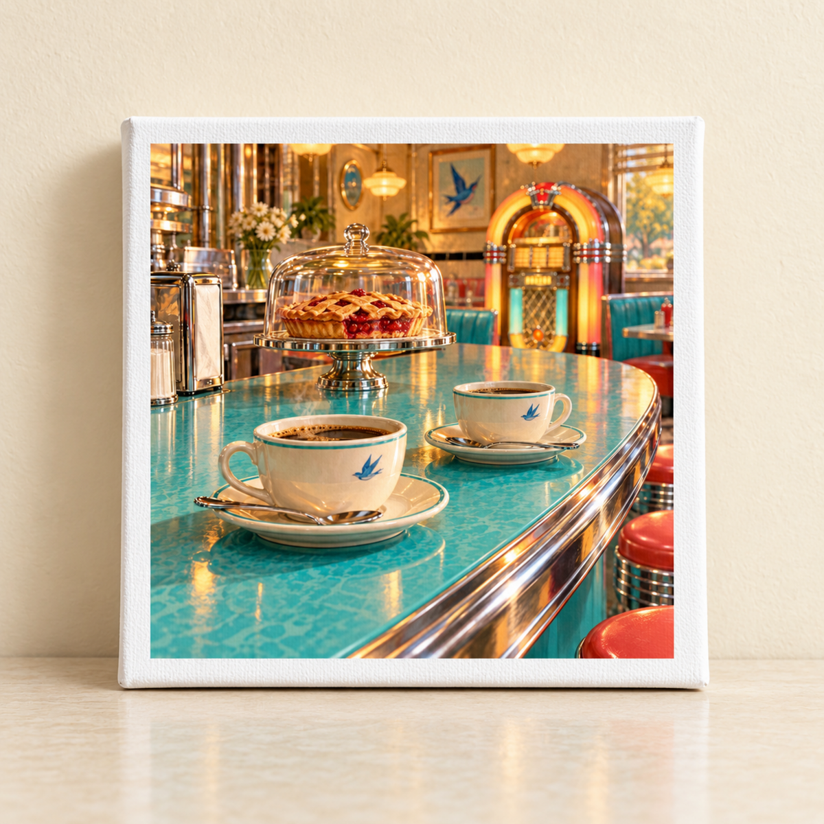 Meet Me at the Bluebird Canvas | Chrome & Starlight shows two cups of coffee on a turquoise diner counter next to a cherry pie under a glass dome, with a jukebox in the background reflecting classic mid-century decor.