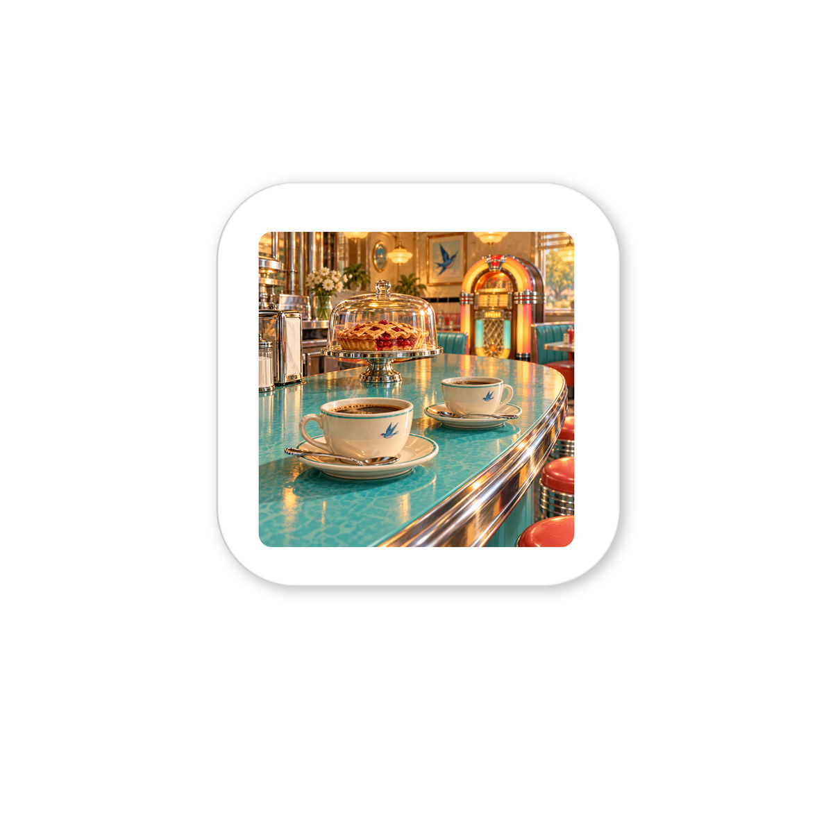 A Meet Me at the Bluebird Magnet | Chrome & Starlight shows two cups of coffee on a turquoise diner counter next to a pie under a glass dome, creating a nostalgic scene with a jukebox in the background.