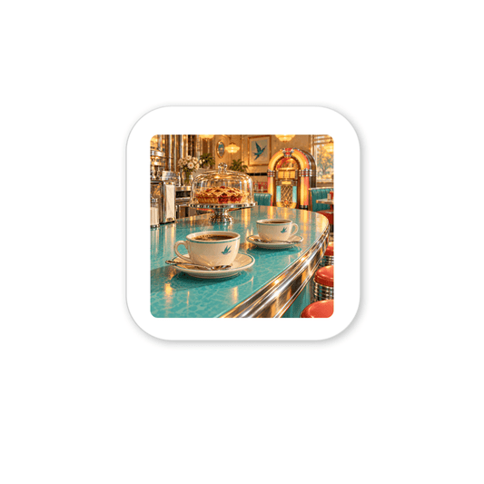 A Meet Me at the Bluebird Magnet | Chrome & Starlight shows two cups of coffee on a turquoise diner counter next to a pie under a glass dome, creating a nostalgic scene with a jukebox in the background.