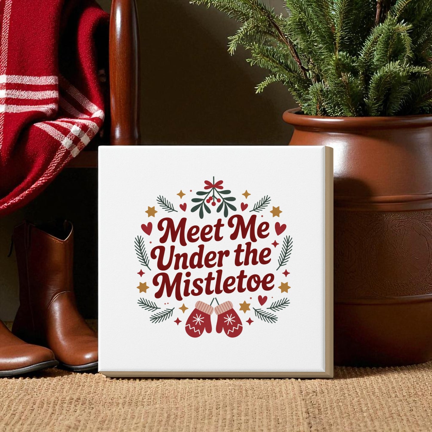 The "Meet Me Under the Mistletoe" 8x8 canvas sign by Mirabilia Boutique features festive holiday designs—perfect as Christmas decor or a thoughtful gift. Display it with boots, blankets, or greenery for seasonal charm.
