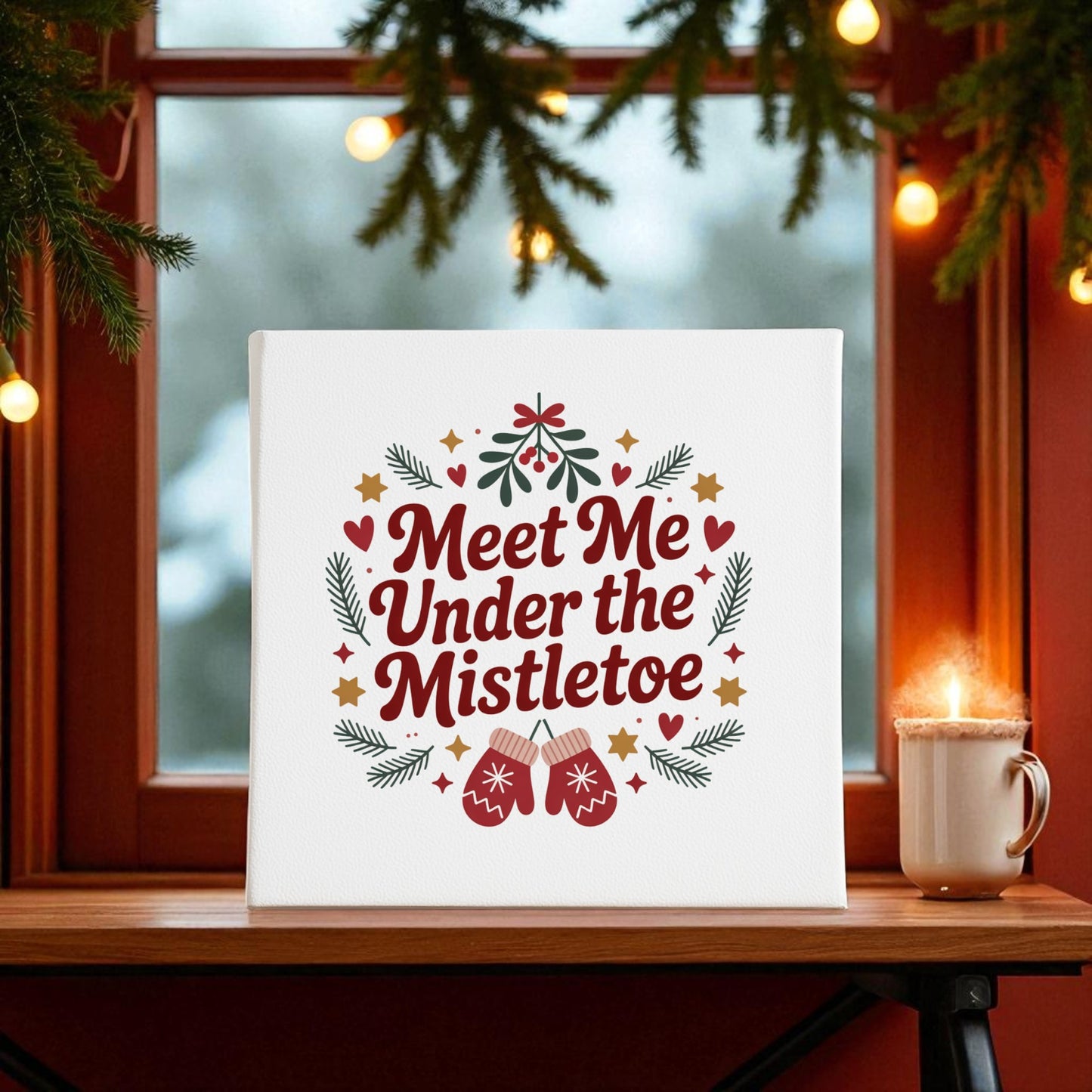 The Mirabilia Boutique "Meet Me Under the Mistletoe" 8x8 canvas sign brings festive flair to your holiday decor, displayed on a wooden table by string lights, evergreen branches, and a whipped cream-topped mug.