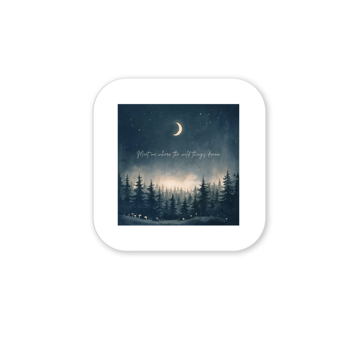 Bring a touch of celestial wonder to your space with the "Meet Me Where the Wild Things Dream Magnet" by Mirabilia Boutique. This enchanting woodland magnet features a crescent moon illuminating a star-filled night sky above a pine forest with deer below. Text in the sky reads, “Meet me where the wild things bloom,” all framed by a crisp white border—perfect for adding nature-inspired charm and dreamy decor to your home.