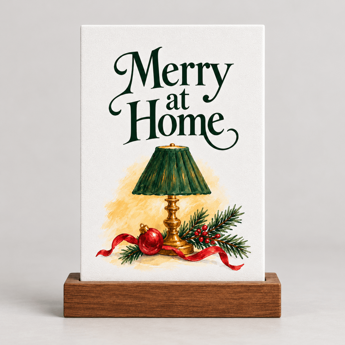 Merry at Home Christmas Mini Sign | Mirabilia displayed in a wooden stand, featuring a green lamp, red ornament, and holly sprig on a vertical rectangular sign.
