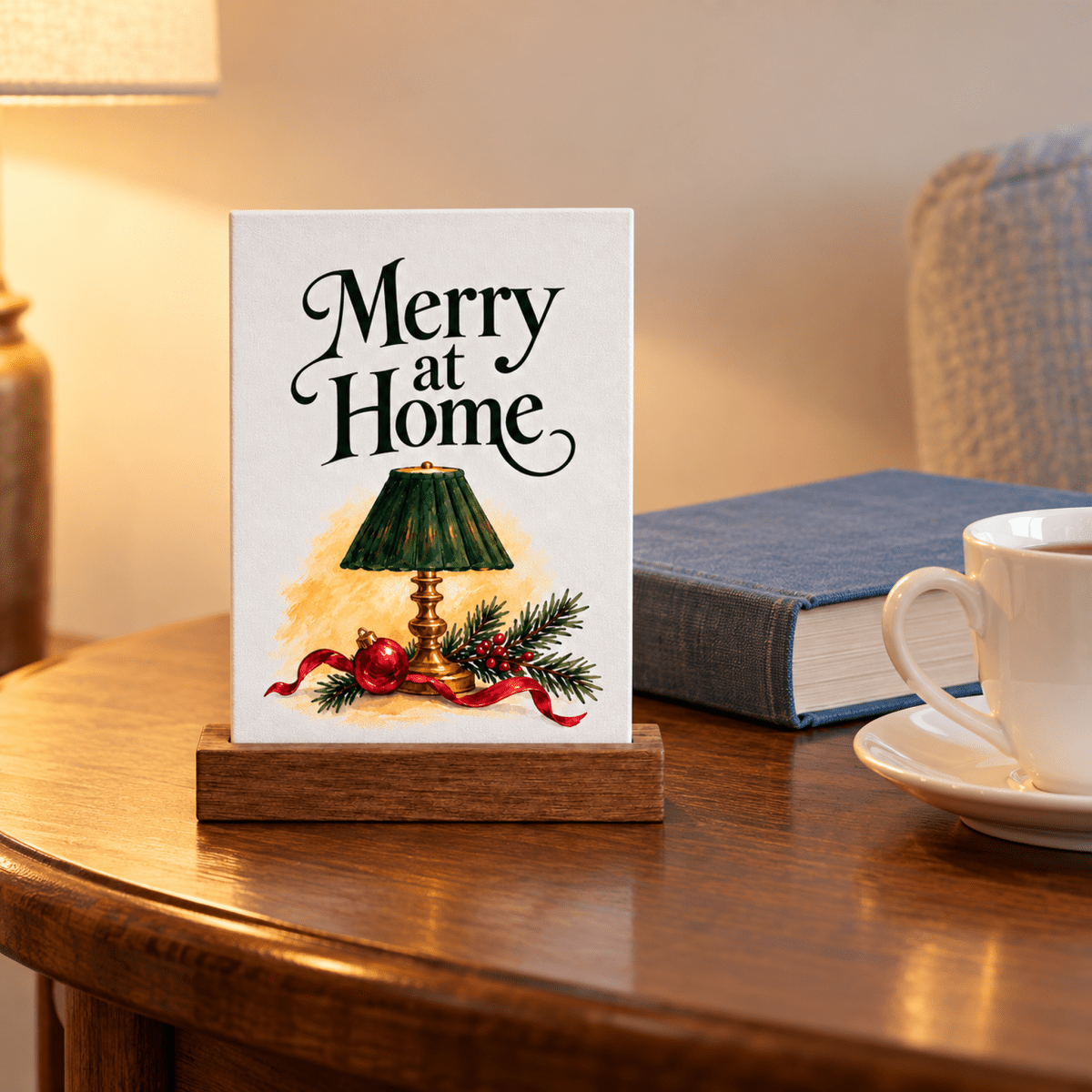 Merry at Home Christmas Mini Sign featuring the text “Merry at Home” above an illustration of a green lamp, a red ornament, and pine sprigs set in a small rectangular wooden stand.