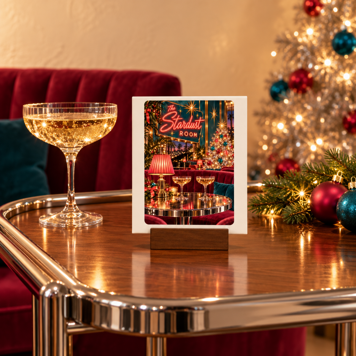 A Merry at the Stardust Mini Sign | Chrome & Starlight sits in a wooden stand, displaying a retro cocktail lounge scene with a neon “The Stardust Room” sign, placed on a table beside a champagne coupe and a Christmas tree.