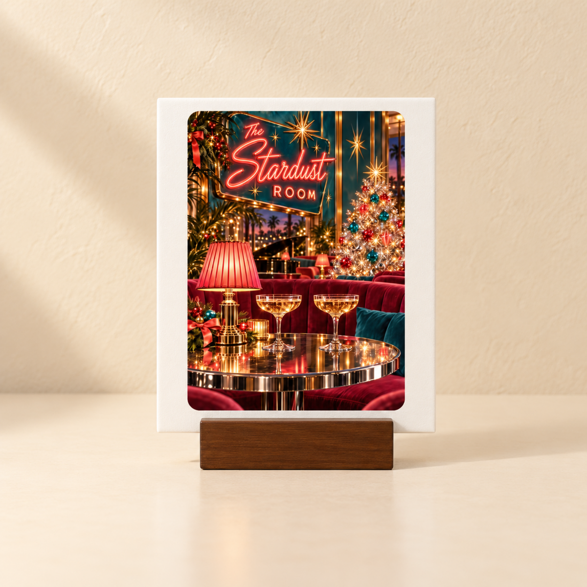 A small rectangular Merry at the Stardust Mini Sign on a wooden stand depicts a holiday-decorated cocktail lounge with two champagne glasses on a table and a neon sign reading “The Stardust Room.”.