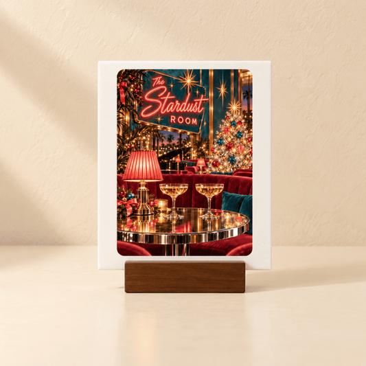 A small rectangular Merry at the Stardust Mini Sign on a wooden stand depicts a holiday-decorated cocktail lounge with two champagne glasses on a table and a neon sign reading “The Stardust Room.”.