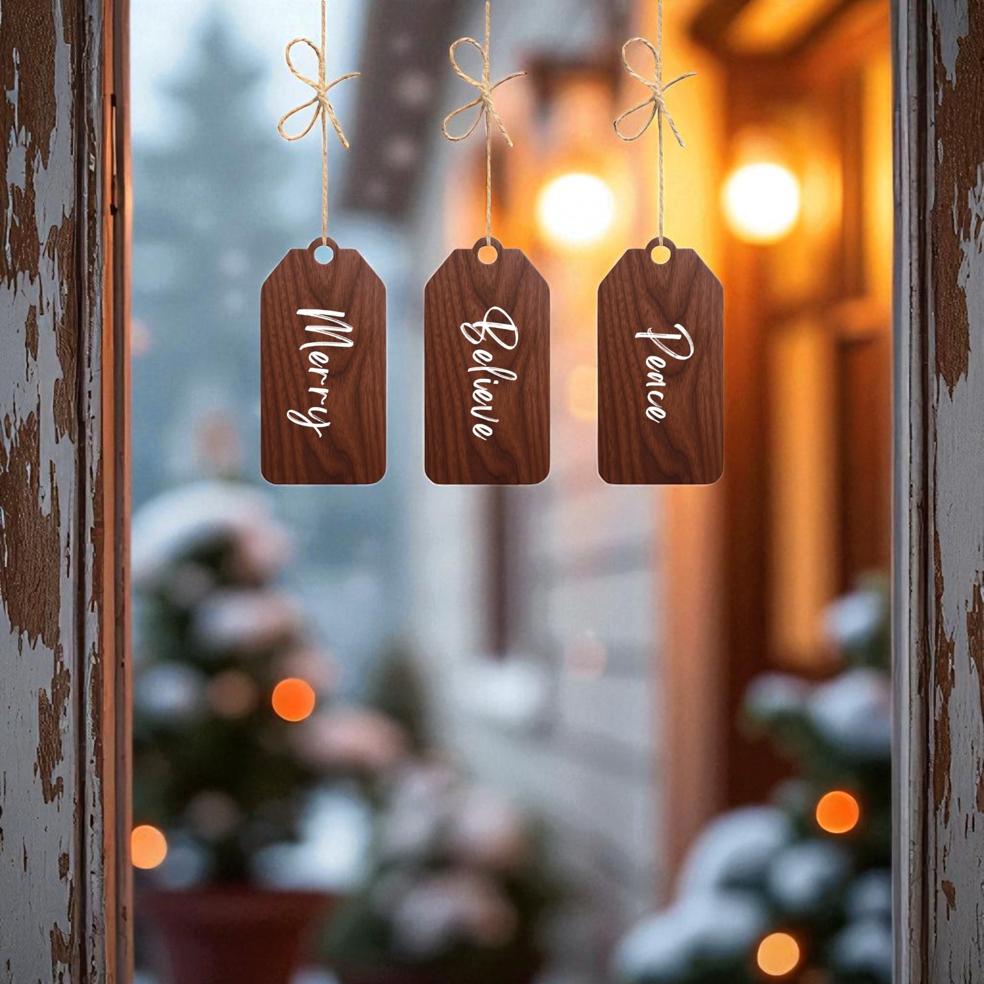 The Mirabilia Boutique Merry Believe Peace Tags 5x2 Wooden Christmas Decor Set features three woodgrain ornaments with “Merry,” “Believe,” and “Peace” on twine, perfect for festive, rustic holiday decor.