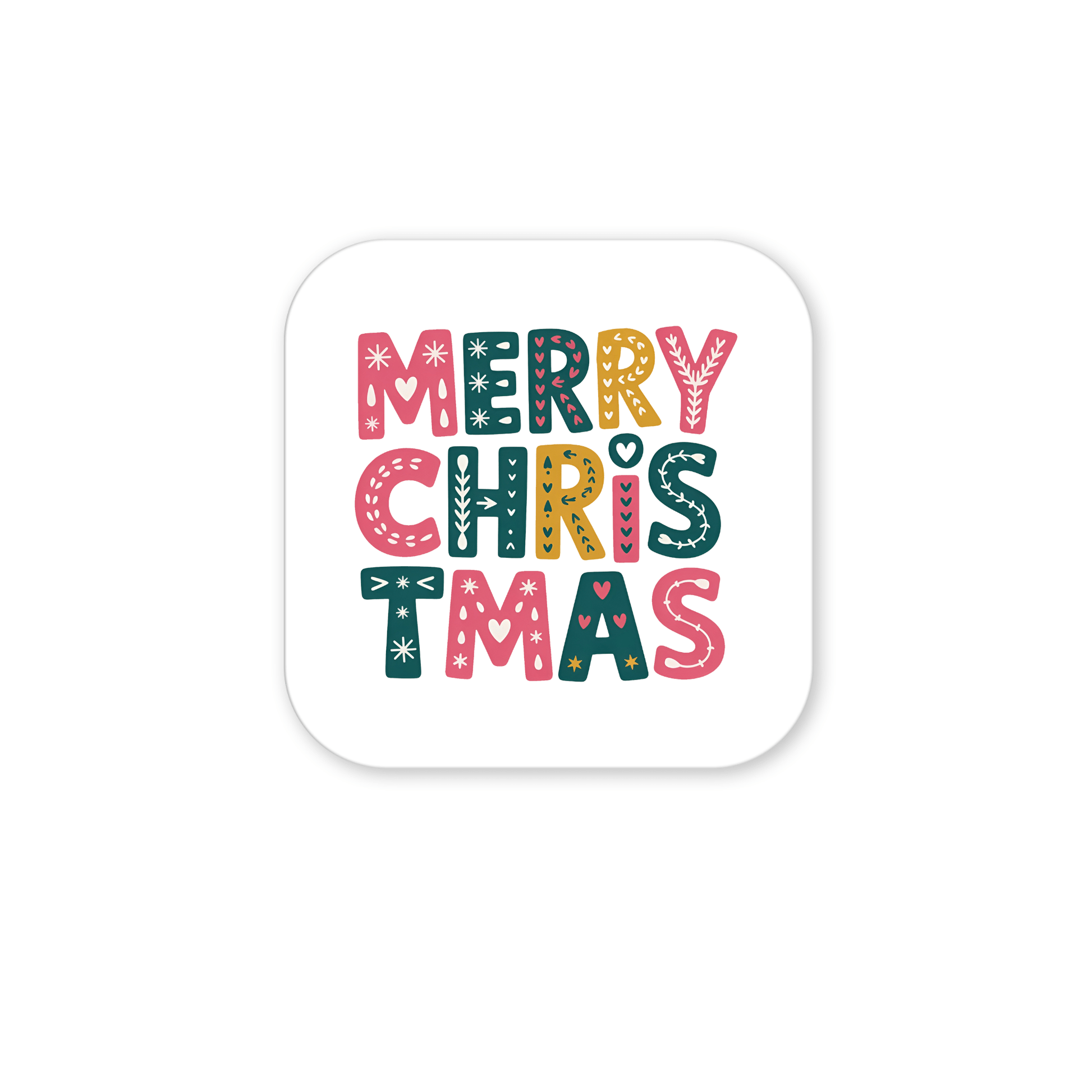 The Merry Christmas Magnet by Mirabilia Boutique features bold, colorful letters on a white square card—ideal as a festive stocking stuffer or cheerful holiday fridge decor.