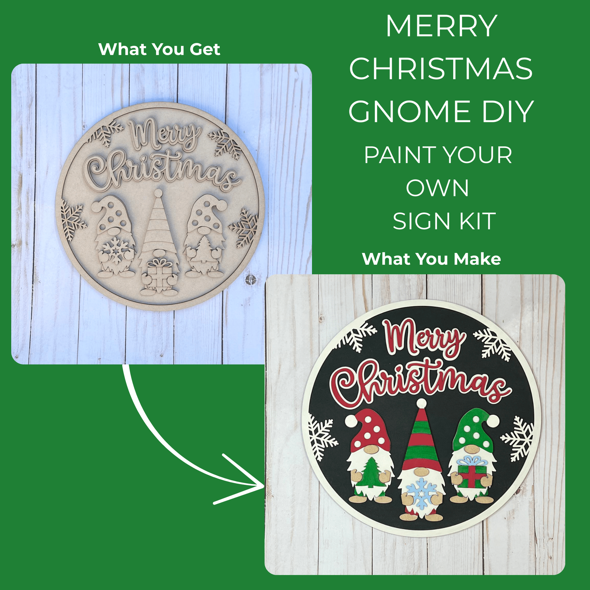 Compare two round wooden signs by Mirabilia Boutique: one unpainted with engraved gnomes and text, the other painted. Both feature "Christmas Gnome DIY Sign Kit | Paint Your Own Holiday Decor." Perfect for festive holiday crafting.