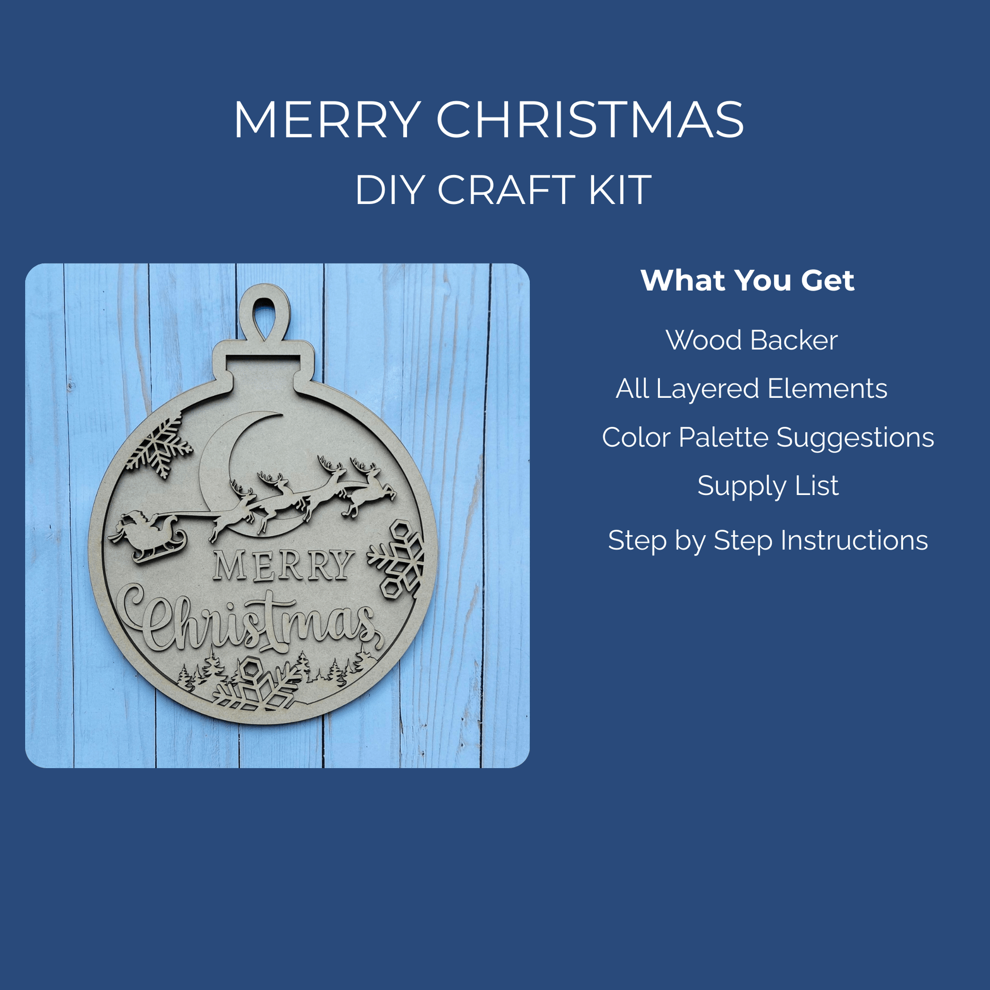 The Merry Christmas DIY Ornament Sign Kit by Mirabilia Boutique is shown on a blue background, with a wood backer, layered festive elements, paint color suggestions, supply list, and instructions to create your own ornament.