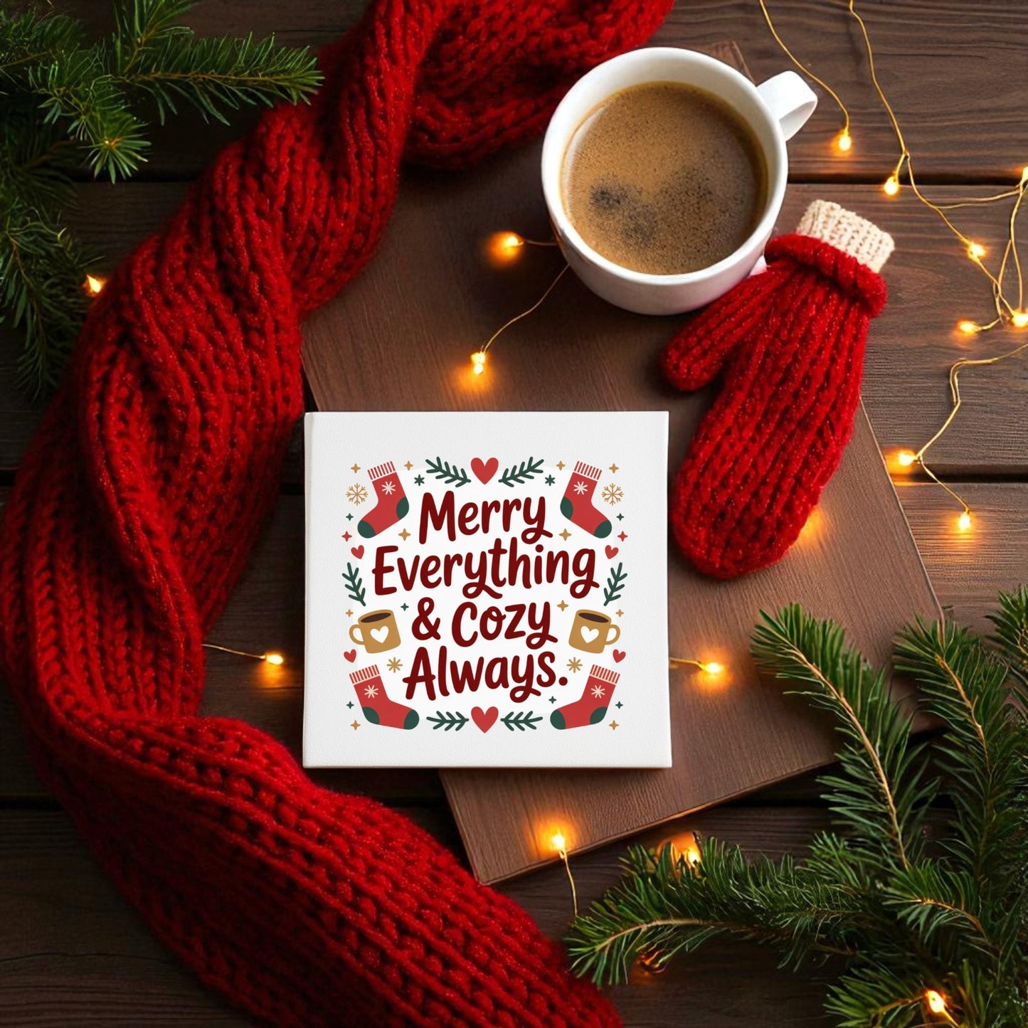 Create a festive vibe with the Mirabilia Boutique Merry Everything & Cozy Always Canvas (8x8), featuring winter scenes—red scarf, mitten, coffee, fairy lights, pine branches—and cheerful holiday art for your wall.