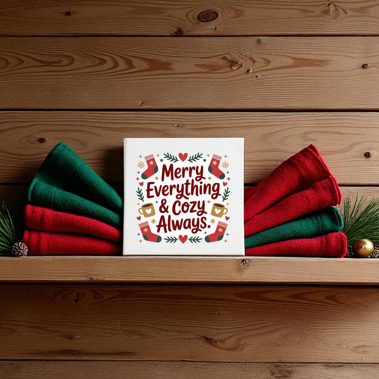 The Mirabilia Boutique "Merry Everything & Cozy Always" 8x8 Holiday Wall Art adds festive cheer, displayed on a wooden shelf with red and green napkins, pine branches, and ornaments for a cozy holiday decor touch.
