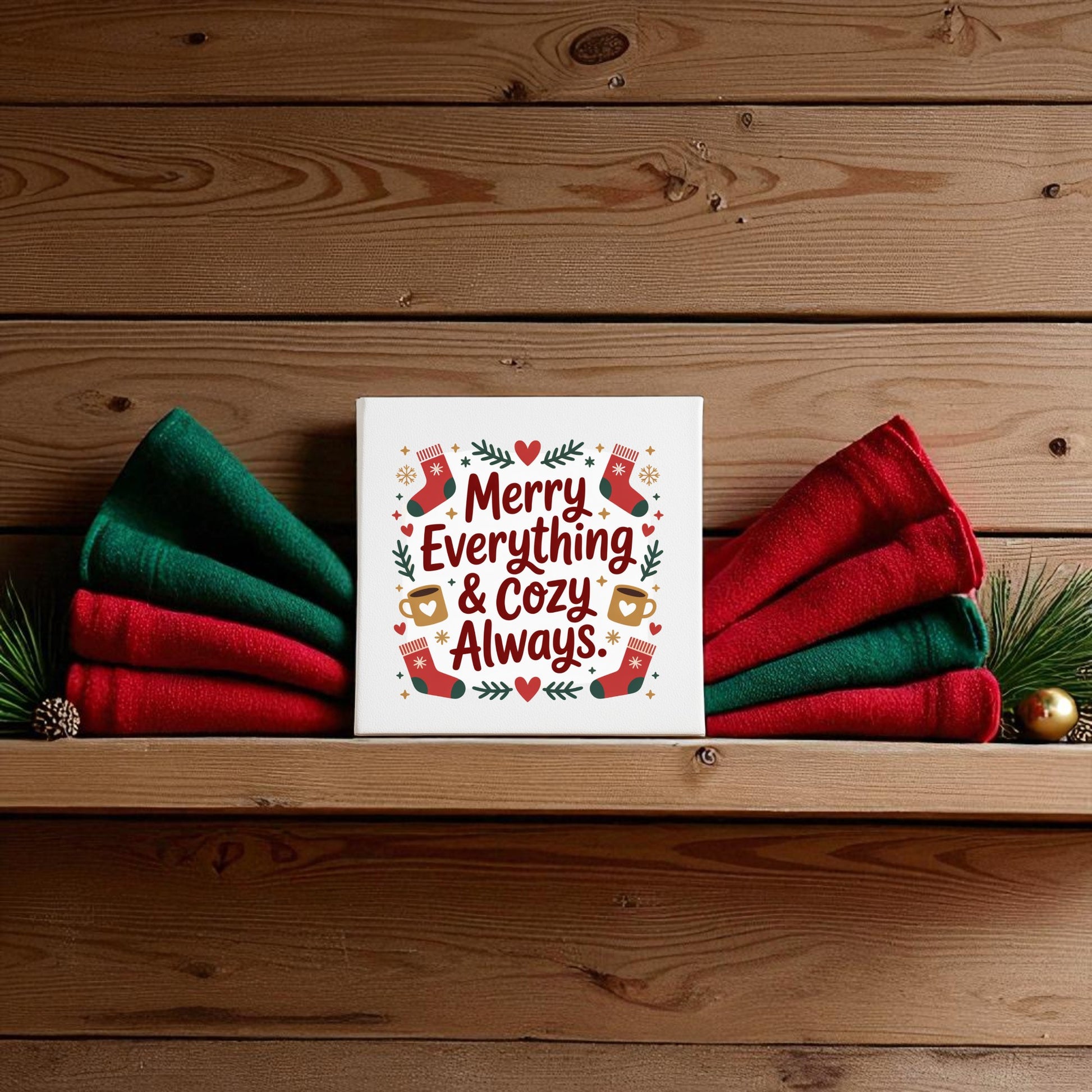 The Mirabilia Boutique "Merry Everything & Cozy Always" 8x8 Holiday Wall Art adds festive cheer, displayed on a wooden shelf with red and green napkins, pine branches, and ornaments for a cozy holiday decor touch.