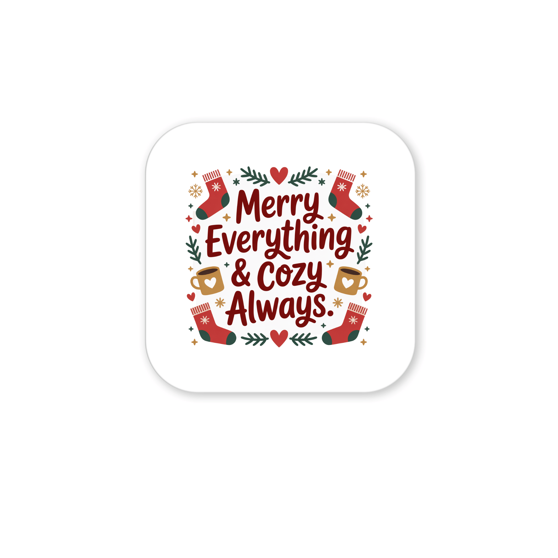 The Merry Everything & Cozy Always Magnet by Mirabilia Boutique is a festive holiday fridge decor featuring the phrase, red stockings, hearts, stars, mugs, and green leaves on a white background—perfect as a stocking stuffer.