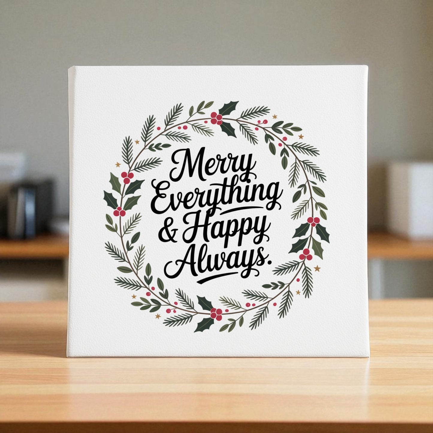 The Mirabilia Boutique Merry Everything & Happy Always Canvas Sign (8x8) features a festive wreath of green leaves and red berries around the holiday message in black script—perfect Christmas décor for any wooden surface.