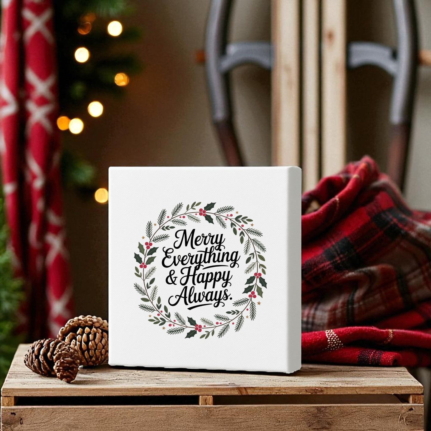 The Mirabilia Boutique “Merry Everything & Happy Always” 8x8 Canvas Sign features a festive wreath design, displayed on wood with pinecones, a red plaid blanket, and seasonal decorations in the background.