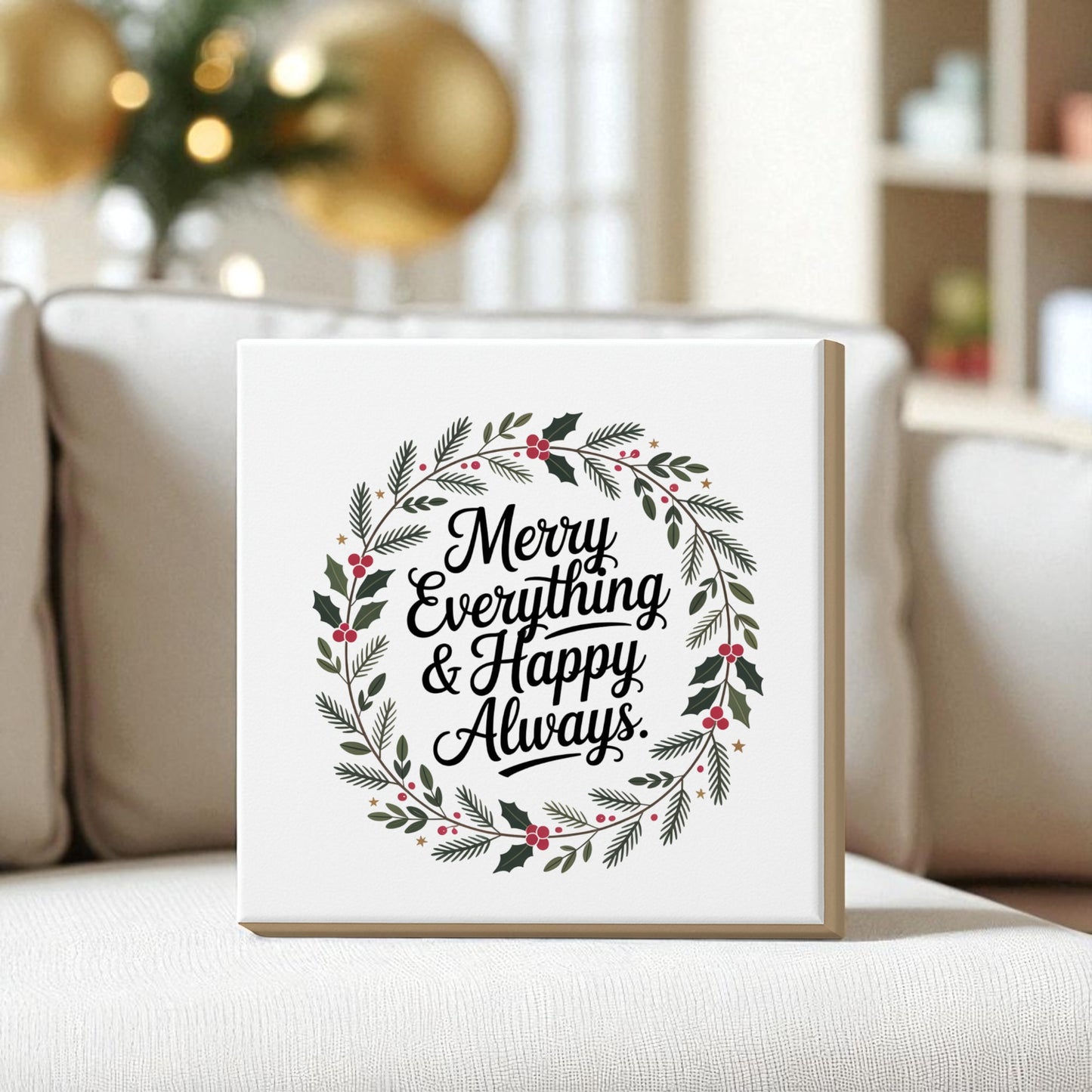 The Mirabilia Boutique "Merry Everything & Happy Always" 8x8 Canvas Sign features festive holiday decor with pine, holly leaves, and berries, displayed on a couch with a blurred Christmas tree in the background.