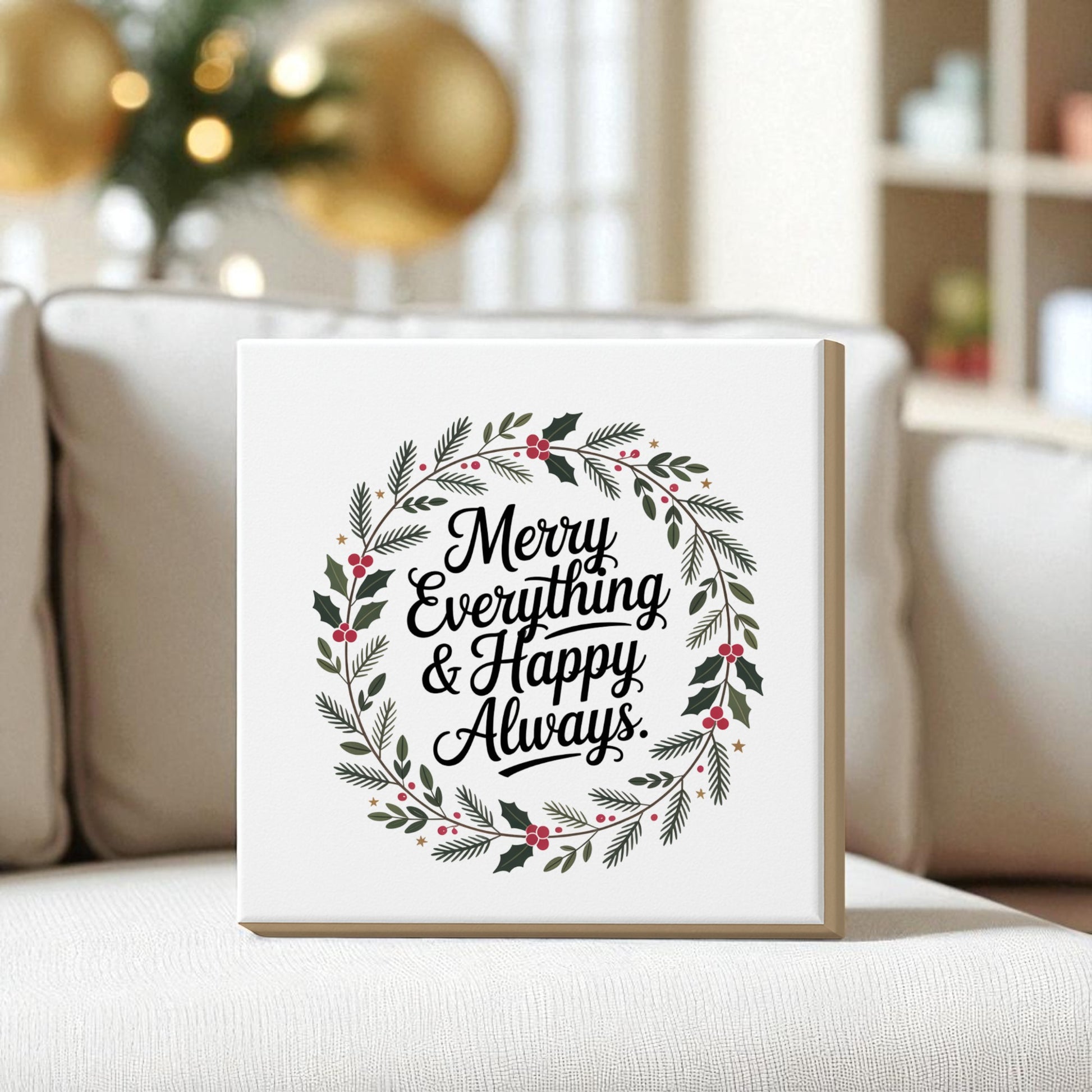 The Mirabilia Boutique "Merry Everything & Happy Always" 8x8 Canvas Sign features festive holiday decor with pine, holly leaves, and berries, displayed on a couch with a blurred Christmas tree in the background.