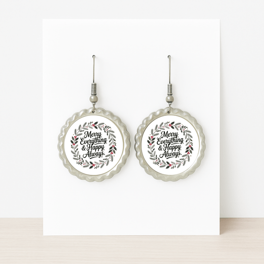 The Merry Everything Earrings by Mirabilia Boutique feature scalloped edges and a festive wreath with "Merry Everything & Happy Always," making them the perfect holiday jewelry or Christmas gift for her, shown on a white background.