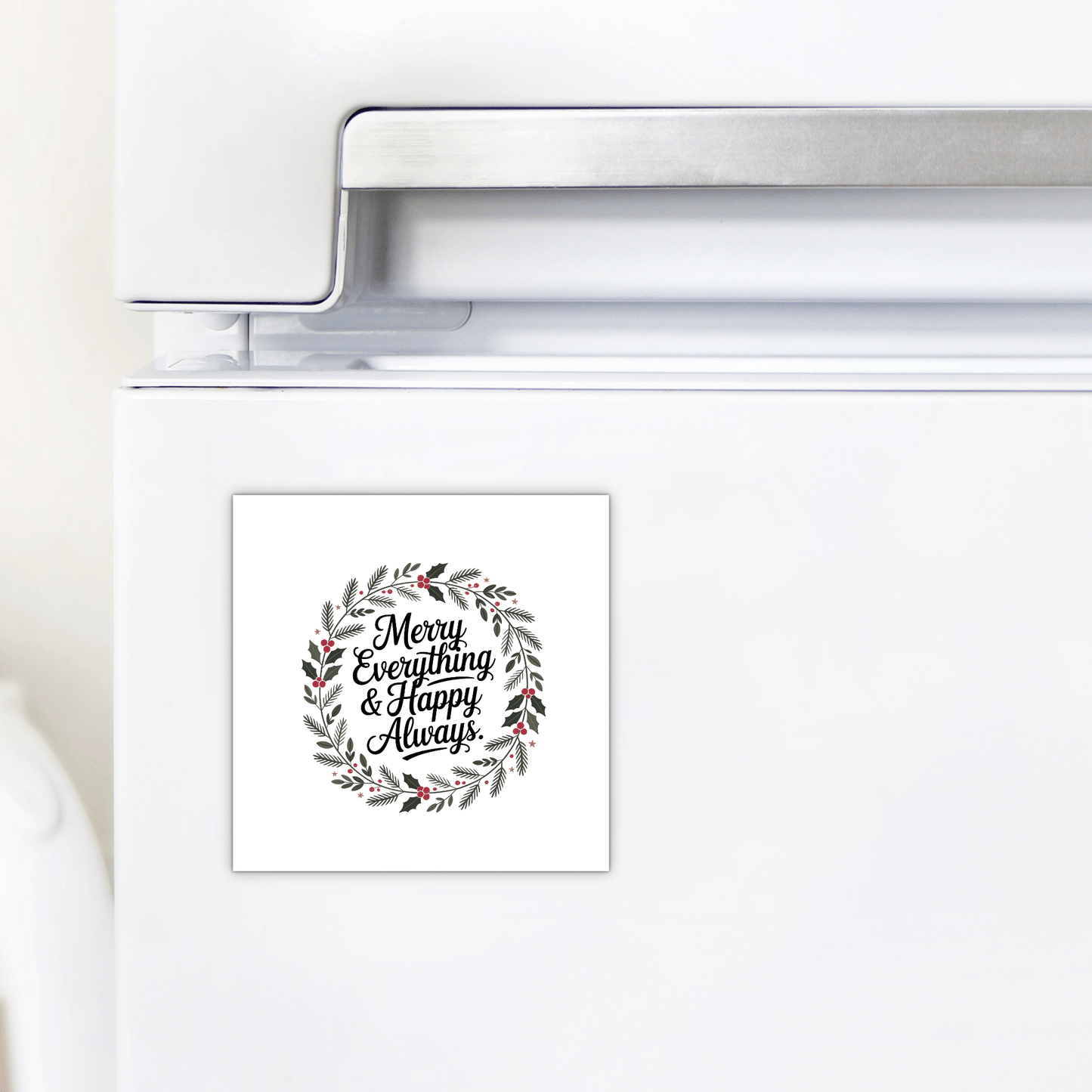 The Merry Everything & Happy Always Magnet by Mirabilia Boutique adds festive charm to any fridge, making it a perfect holiday decor piece or stocking stuffer for those who love cheerful celebrations.