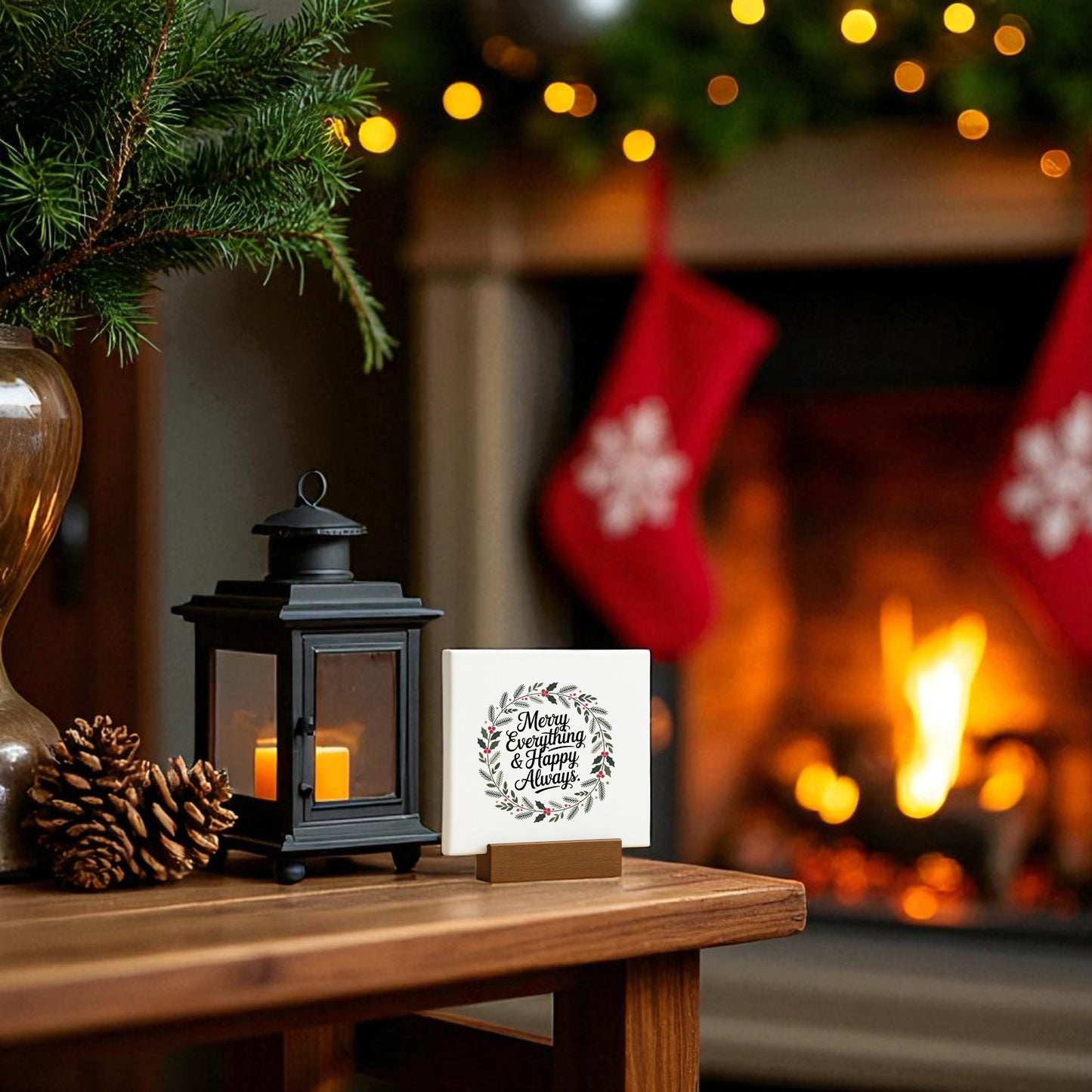 A cozy holiday scene features a lit fireplace, red stockings, string lights, pinecones, a black lantern, and the Mirabilia Boutique Merry Everything & Happy Always Mini Sign (4x4) adorning a wooden table.