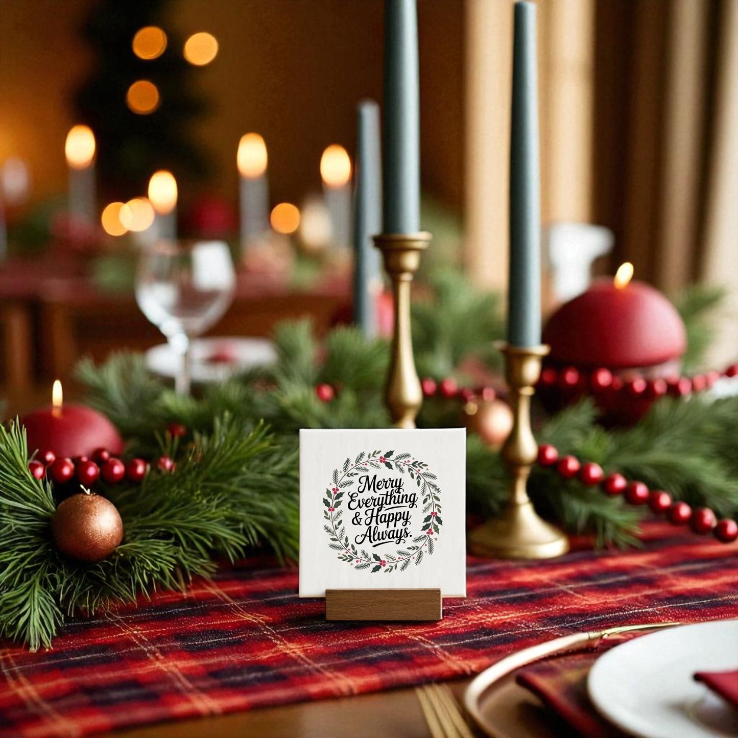 A festive holiday tablescape features red candles, evergreen, plaid linens, and the Mirabilia Boutique "Merry Everything & Happy Always" Mini Sign (4x4) as a charming centerpiece surrounded by Christmas décor and a decorative wreath.