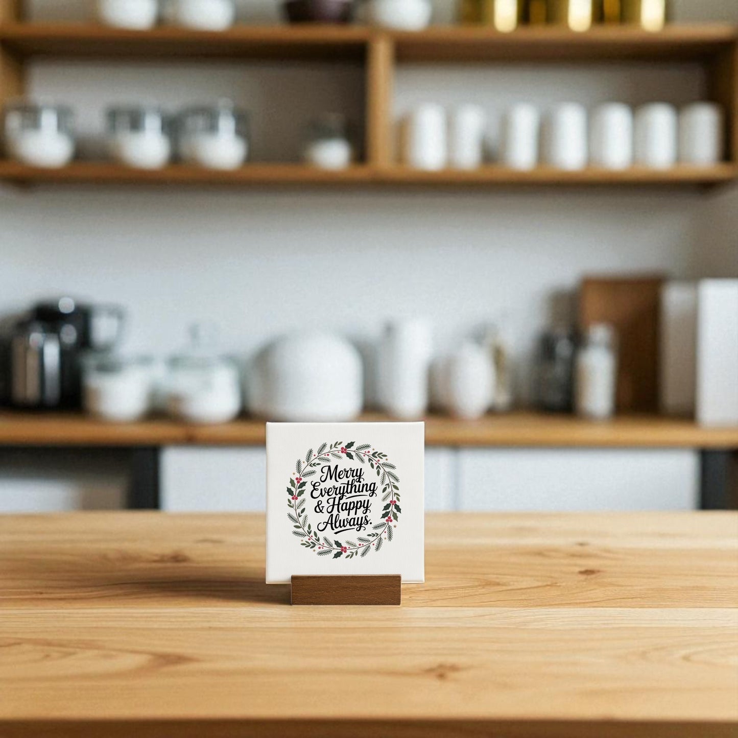The Mirabilia Boutique Merry Everything & Happy Always Mini Sign (4x4) sits on a wooden stand on a kitchen counter, adding a charming holiday touch to your décor with blurred shelves and kitchen items in the background.