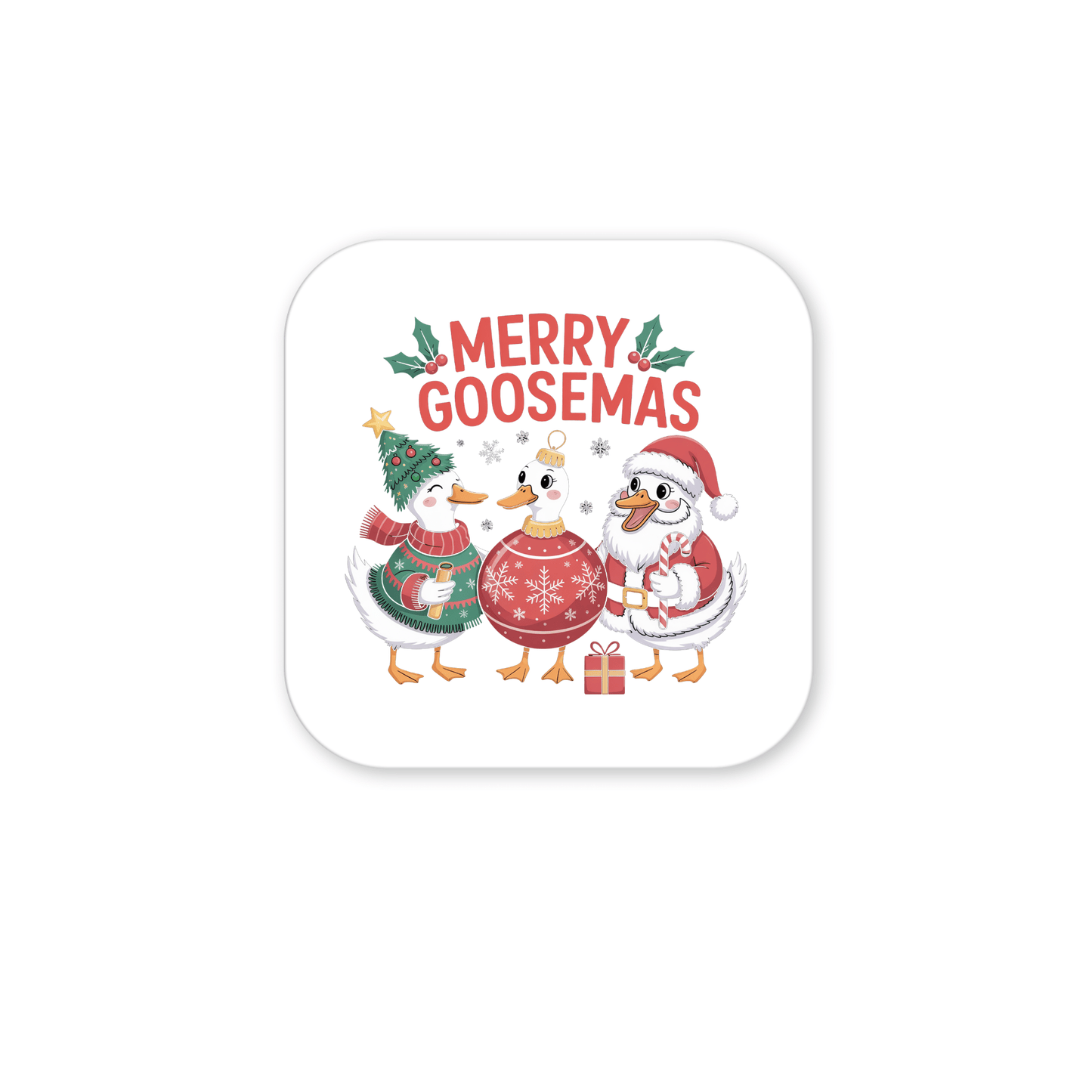 The Merry Goosemas Magnet by Mirabilia Boutique features three festive geese in Christmas outfits under "Merry Goosemas," with snowflakes, holly, and a gift—perfect funny Christmas goose decor for your fridge!.