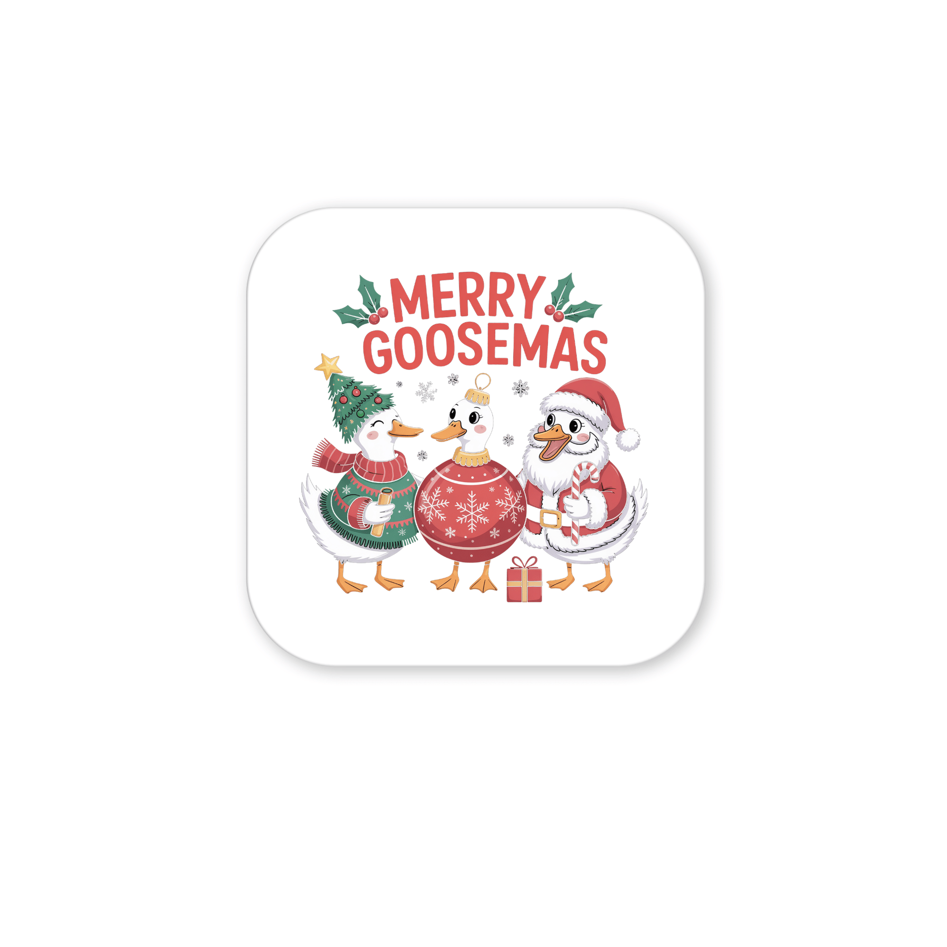 The Merry Goosemas Magnet by Mirabilia Boutique features three festive geese in Christmas outfits under "Merry Goosemas," with snowflakes, holly, and a gift—perfect funny Christmas goose decor for your fridge!.