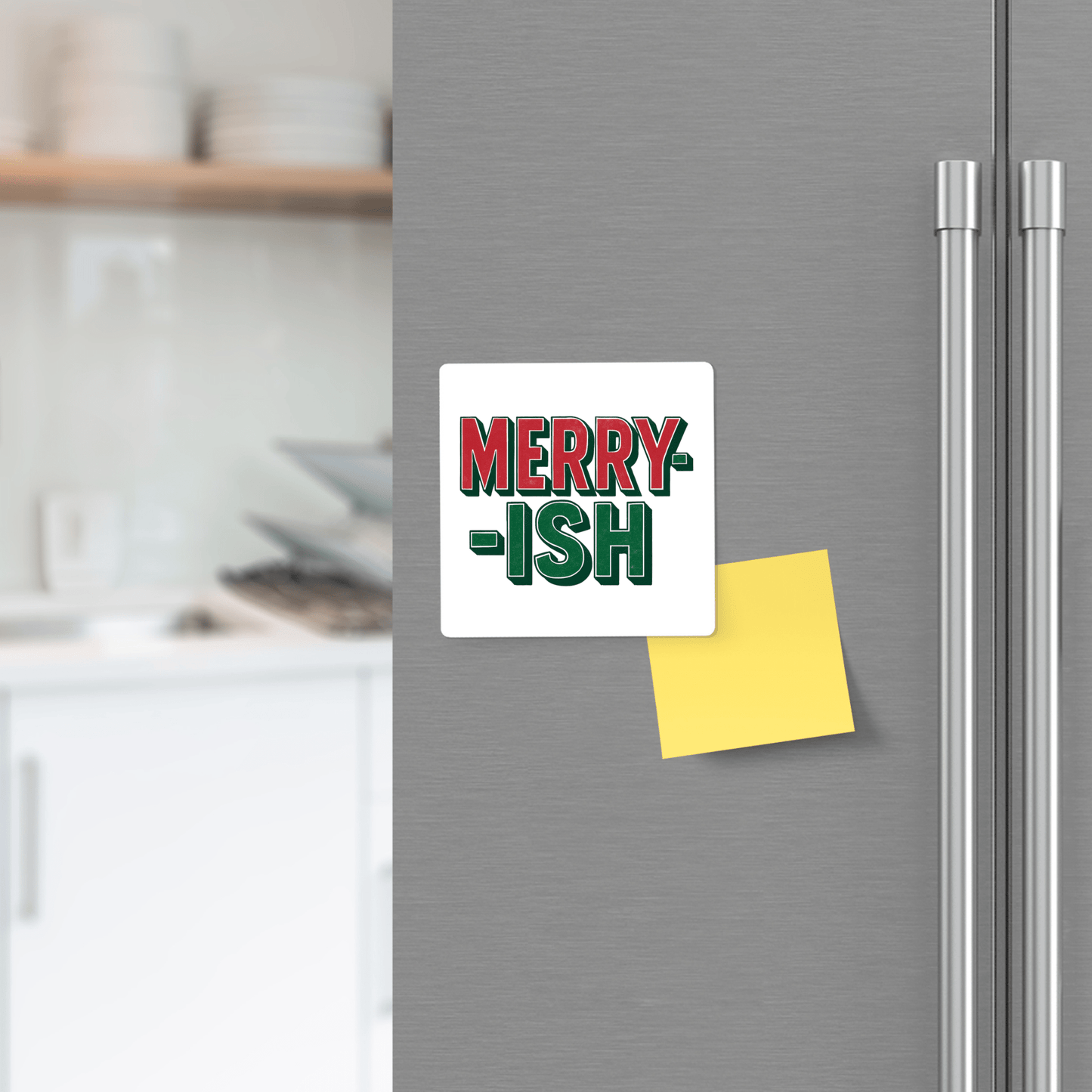 The Merry-ish Magnet by Mirabilia Boutique adds festive humor to your fridge with bold red and green letters—perfect as a holiday stocking stuffer or kitchen decor, bringing cheer to any refrigerator door.