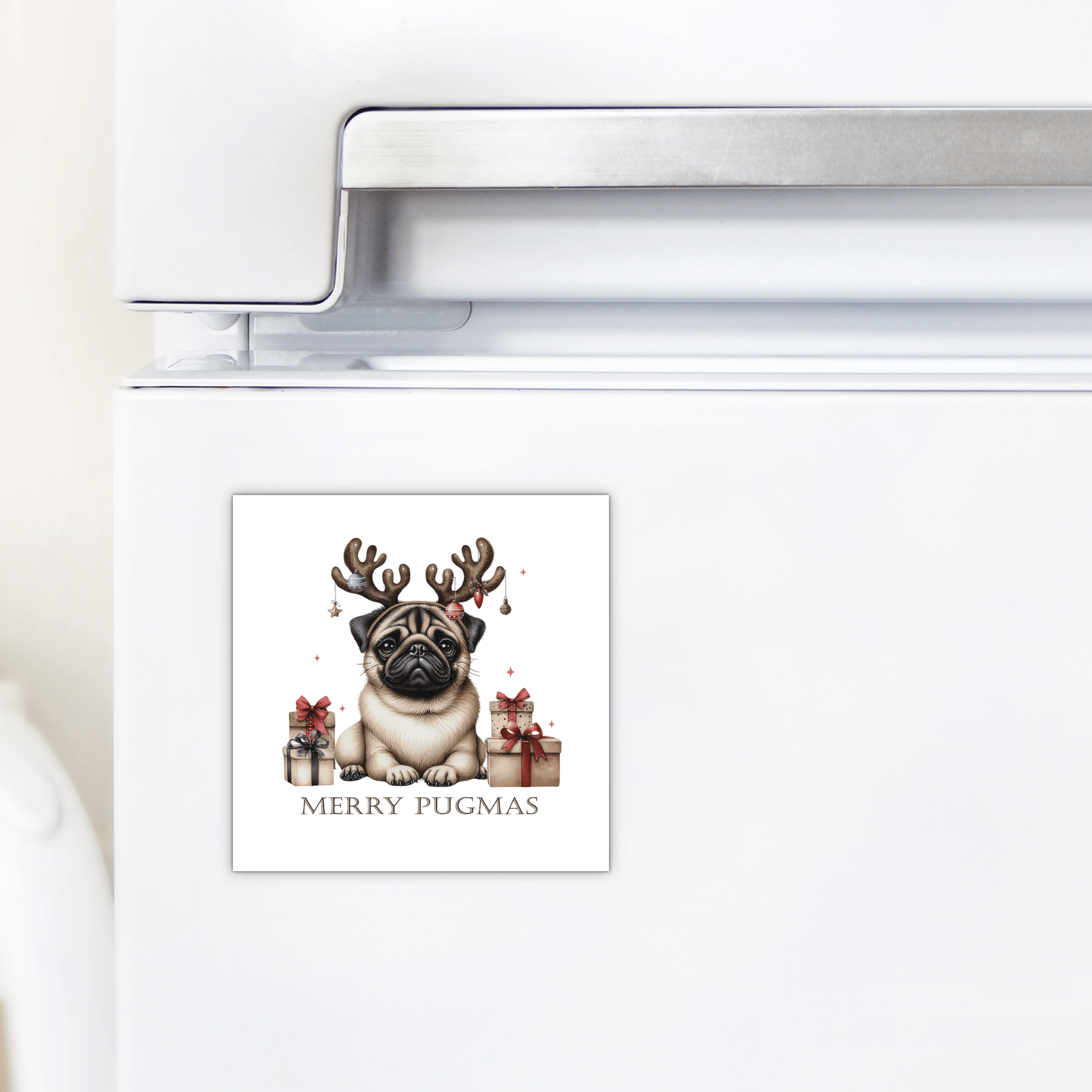 Brighten up your fridge with the Merry Pugmas Magnet from Mirabilia Boutique—a cute pug in reindeer antlers surrounded by gifts, perfect as a Christmas gift or festive holiday decor.