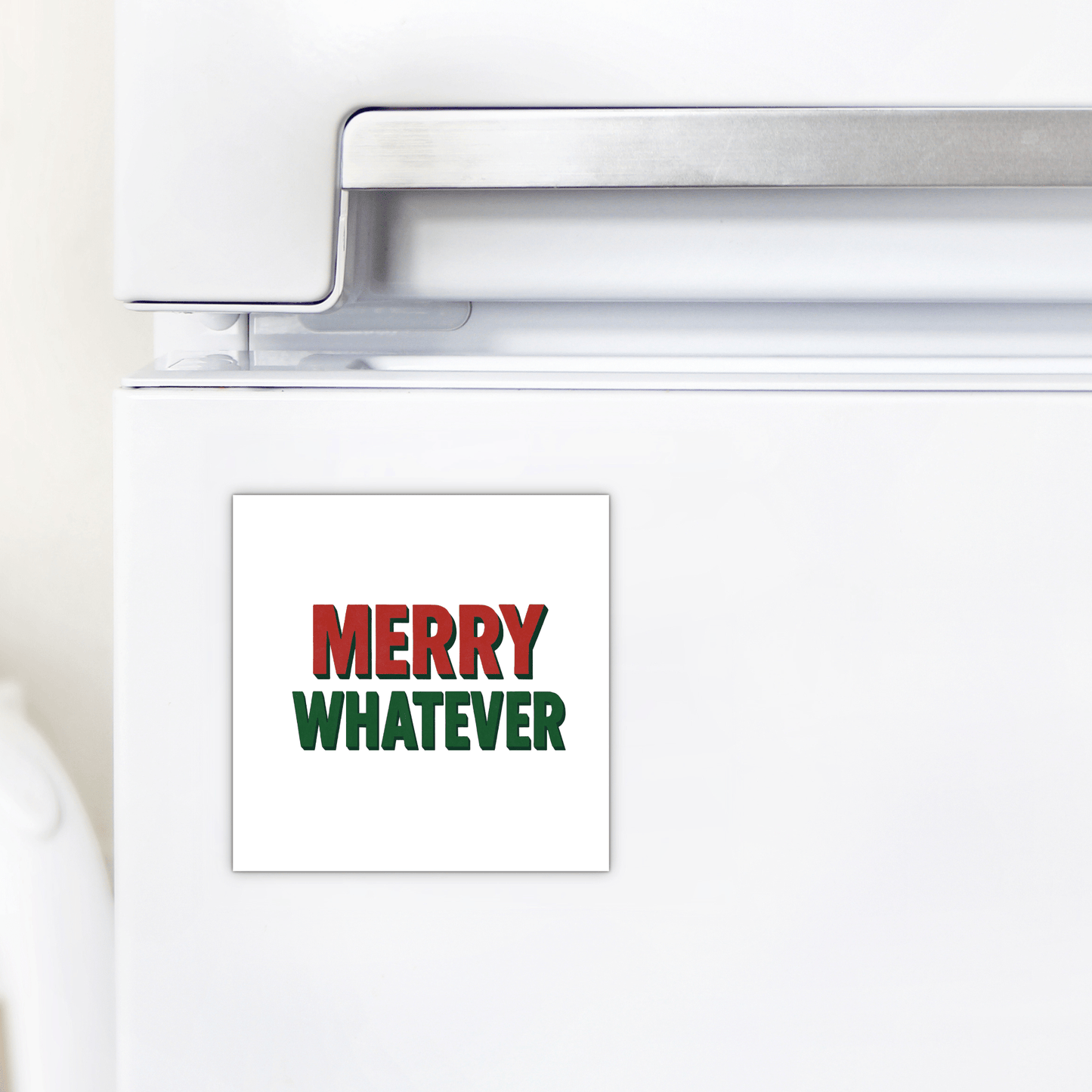 The Merry Whatever Magnet by Mirabilia Boutique is a funny minimalist Christmas gift, perfect as a sarcastic stocking stuffer. It features red and green lettering for a festive touch on any fridge.