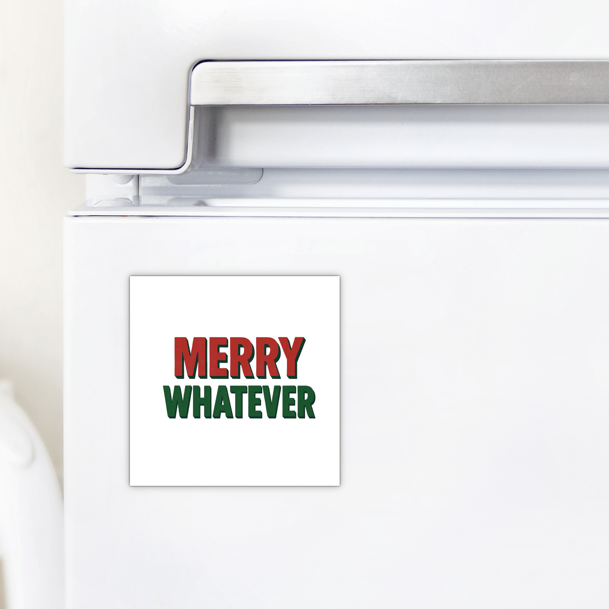 The Merry Whatever Magnet by Mirabilia Boutique is a funny minimalist Christmas gift, perfect as a sarcastic stocking stuffer. It features red and green lettering for a festive touch on any fridge.