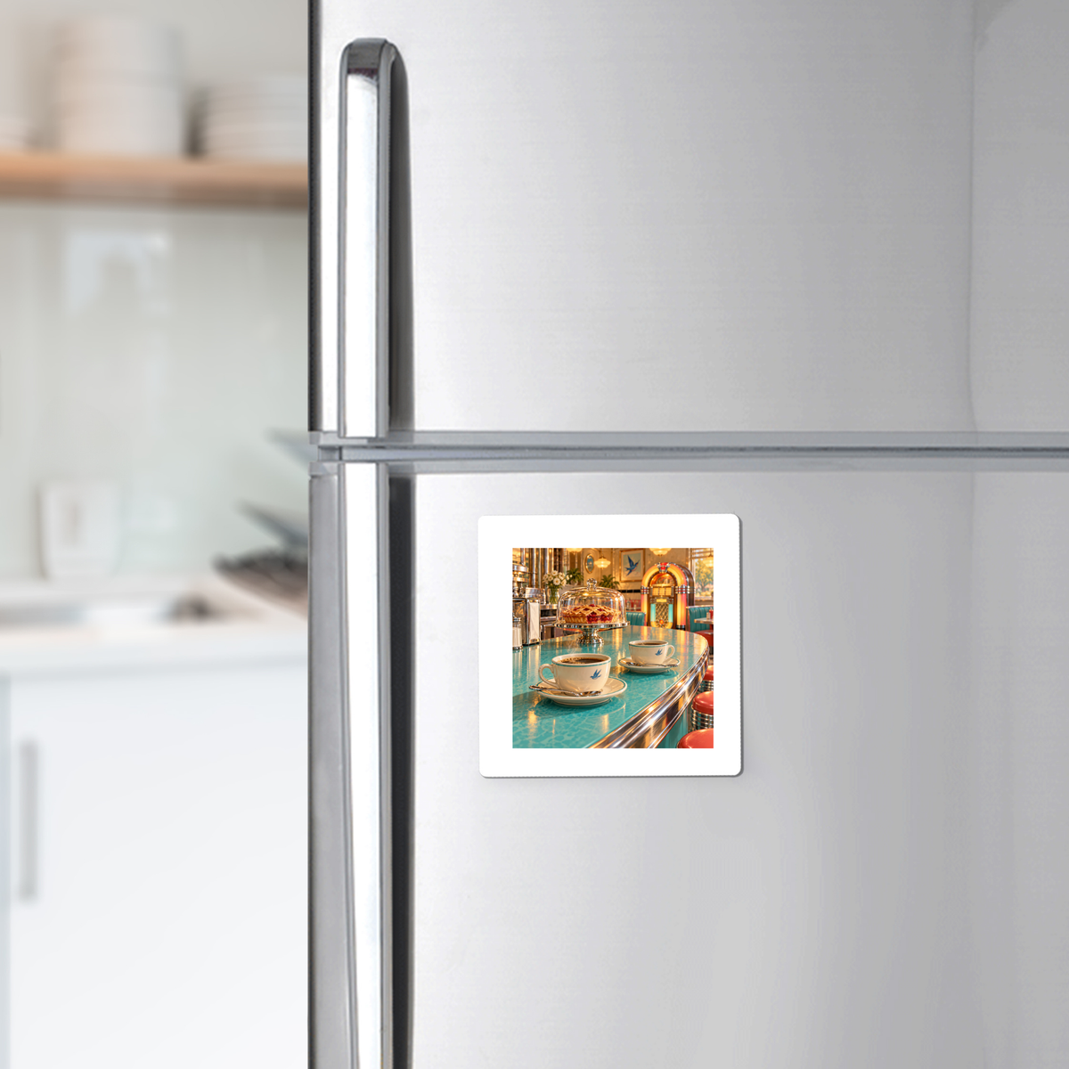Meet Me at the Bluebird Magnet | Chrome & Starlight square diner scene on a stainless steel refrigerator showing coffee cups on a counter with a jukebox in the background, adding colorful kitchen decor.